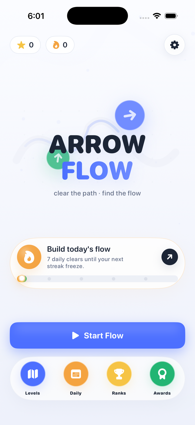 Arrow Flow home screen showing level progress, daily streak, and play controls